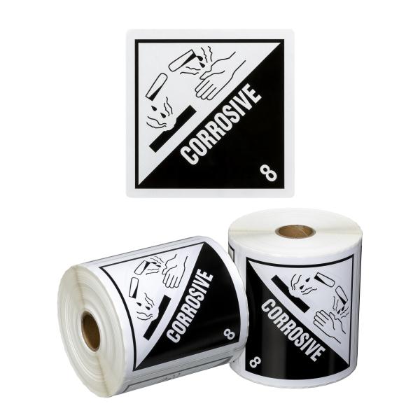 DG Label Corrosive 8 - White/Black, 99mm x 99mm (500 Labels per roll)