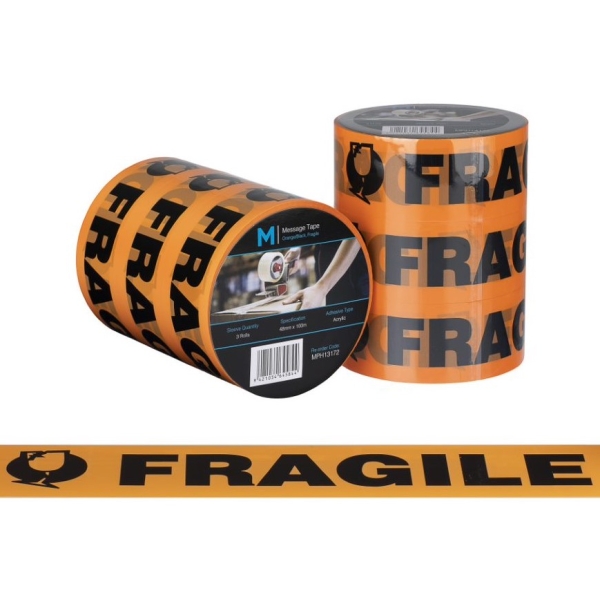 Fragile Printed Tape Orange/Black, 48mm x 100m - 36 rolls Carton
