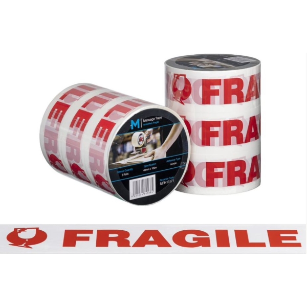 Fragile Printed Tape White/Red, 48mm x 100m - 36 rolls Carton