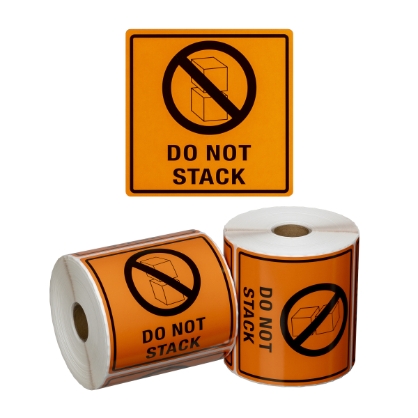 Handling Label Do Not Stack - Orange/Black, 99mm x 99mm (500 Labels per roll)