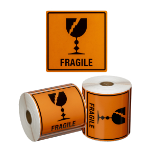 Handling Label Fragile - Orange/Black, 99mm x 99mm (500 Labels per roll)