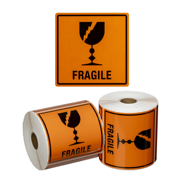 Handling Label Fragile - Orange/Black, 99mm x 99mm (500 Labels per roll)