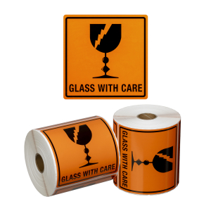 Handling Label Glass With Care - Orange/Black, 99mm x 99mm (500 Labels per roll)