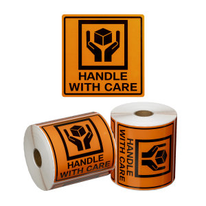 Handling Label Handle With Care - Orange/Black, 99mm x 99mm (500 Labels per roll)