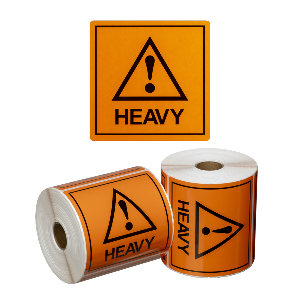 Handling Label Heavy - Orange/Black, 99mm x 99mm (500 Labels per roll)