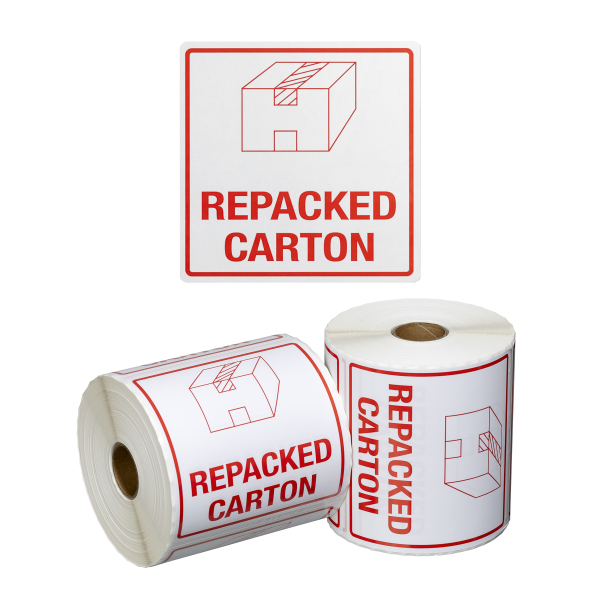 Handling Label Repacked Carton - White/Red, 99mm x 99mm (500 Labels per roll)