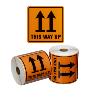 Handling Label This Way Up - Orange/Black, 99mm x 99mm (500 Labels per roll)