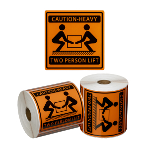 Handling Label Two Person Lift - Orange/Black, 99mm x 99mm (500 Labels per roll)