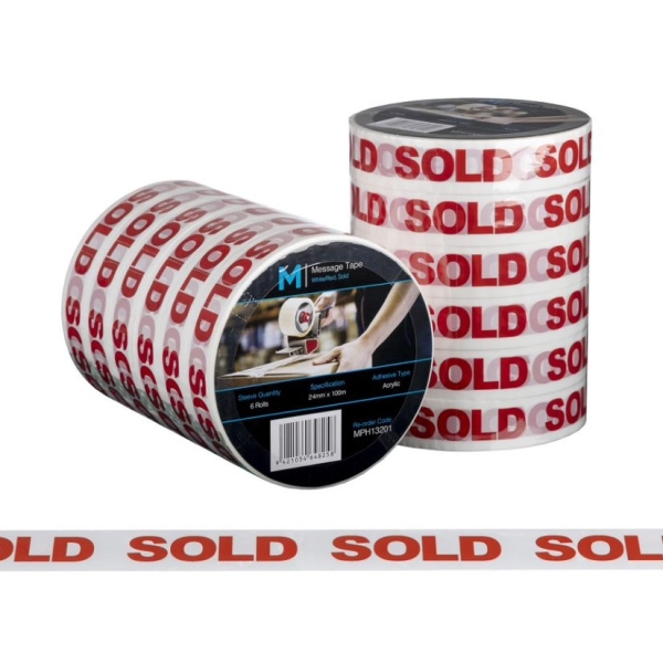 Sold Printed Tape White/Red, 24mm x 100m - 72 rolls Carton