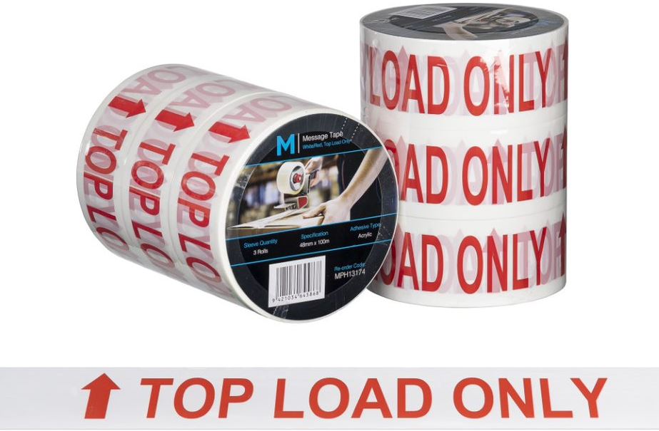 Top Load Only Printed Tape White/Red, 48mm x 100m – 36 rolls Carton
