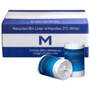 POR Recycled Bin Liner w/Handles 27L - White, 510mm x 650mm x 15mu - 1000 Bags/Box