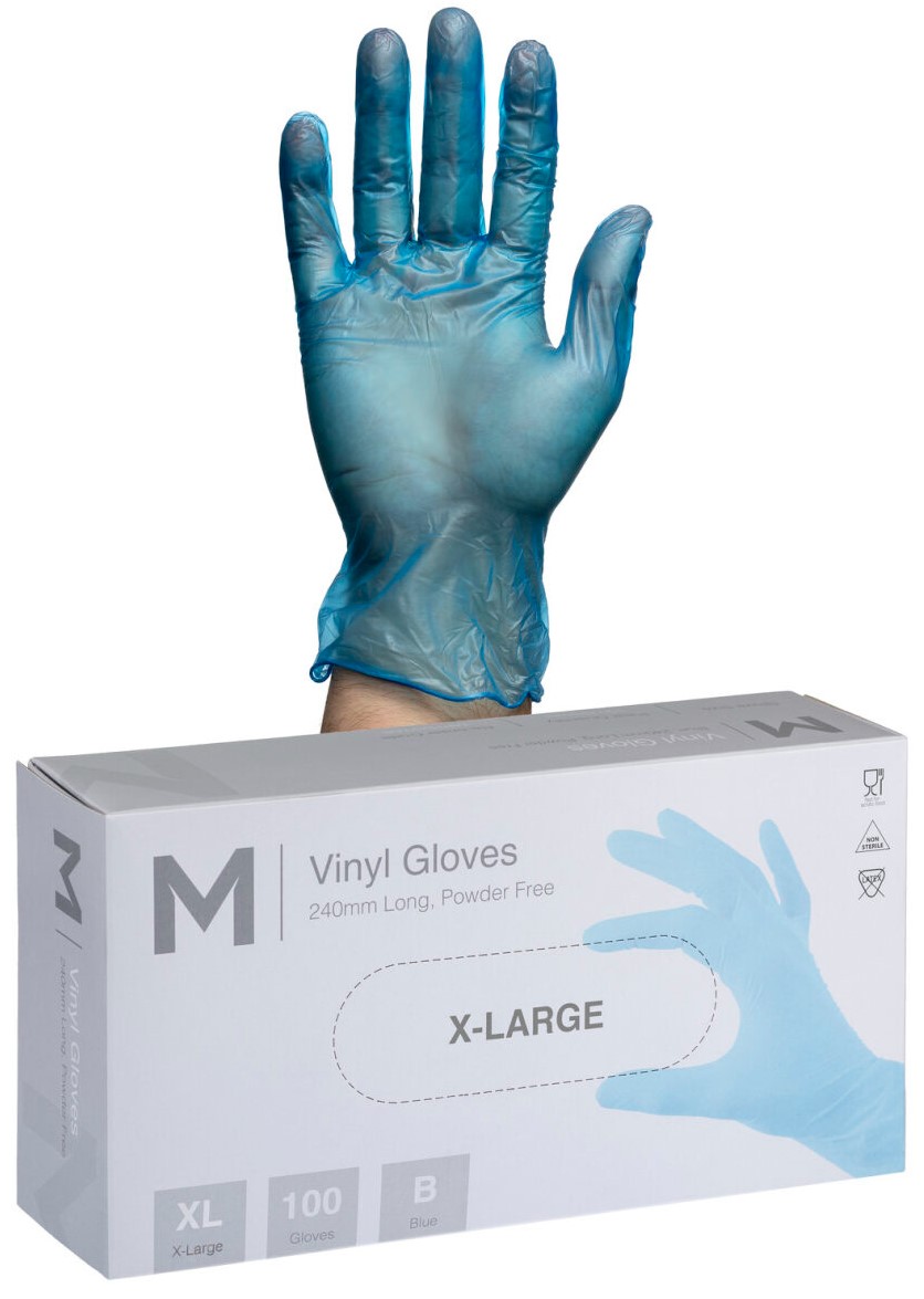 Matthews Vinyl Gloves Powder Free - Blue, XL, 240mm Cuff, 5.0g (1x100 Pack)