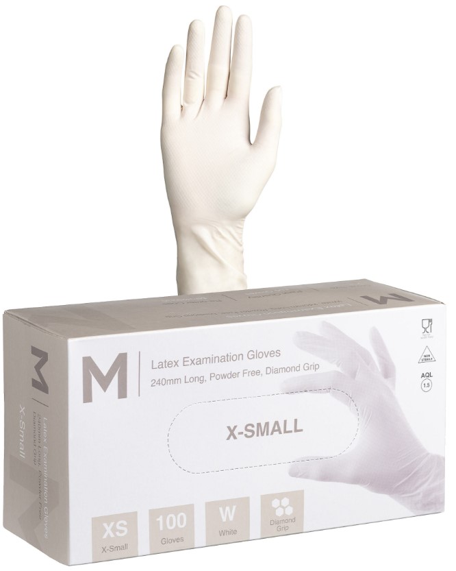 Matthews Latex Diamond Grip Examination Gloves Powder Free - White, 240mm Cuff, 8.0g (10x100 Pack) (XS-XL)