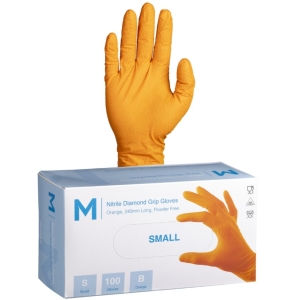 Matthews Nitrile Diamond Grip Gloves Powder Free - Orange, 240mm Cuff, 9.0g (1000) (S-2XL)