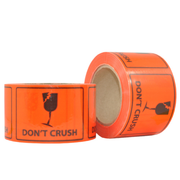 DON’T CRUSH Printed PET Labels on a Roll – Black/Orange, 72mm x 100mm (660 labels / roll)