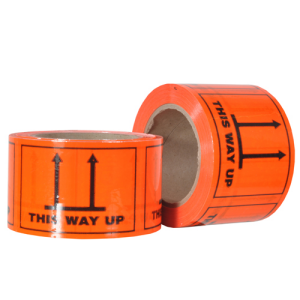 THIS WAY UP Printed PET Labels on a Roll – Black/Orange, 72mm x 100mm (333 labels / roll)
