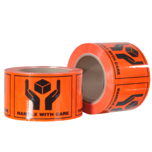HANDLE WITH CARE Printed PET Labels on a Roll – Black/Orange, 72mm x 100mm (660 labels / roll)
