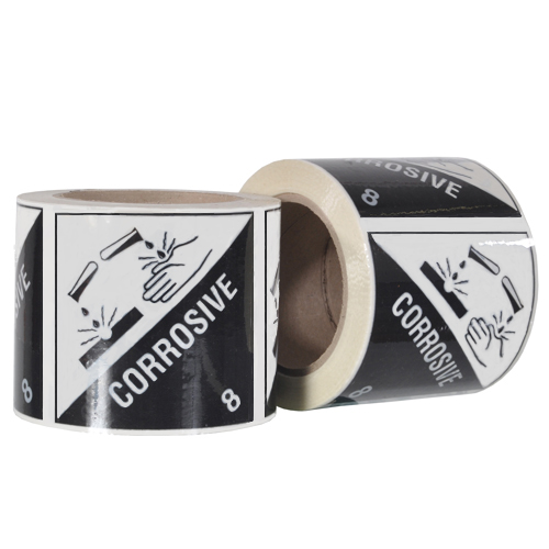CORROSIVE 8 Printed PET Labels on a Roll – Black/white, 96mm x 100mm x 50m (500 labels / roll)