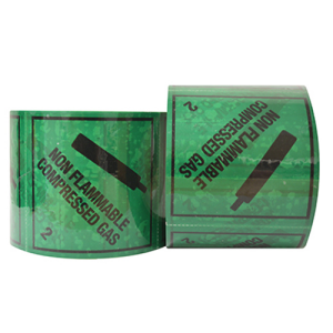 NON FLAMMABLE COMPRESSED GAS 2 Printed PET Labels on a Roll – Black/Green, 96mm x 100mm x 50m (500 labels / roll)