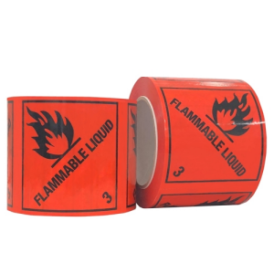 FLAMMABLE LIQUID 3 Printed PET Labels on a Roll – Black/Red, 96mm x 100mm (500 labels / roll)