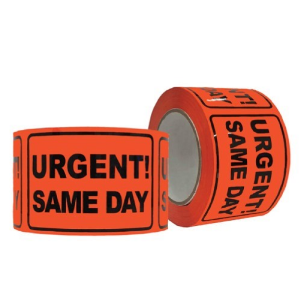 URGENT SAME DAY Printed PET Labels on a Roll – Black/Orange, 72mm x 100mm (500 labels / roll)