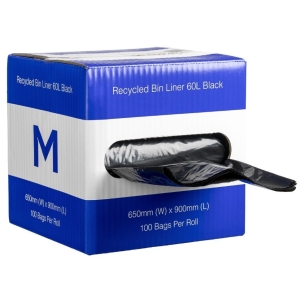 Matthews DB Recycled Bin Liner 60L - Black, 650mm x 900mm x 30mu - Dispenser Box 100 pack